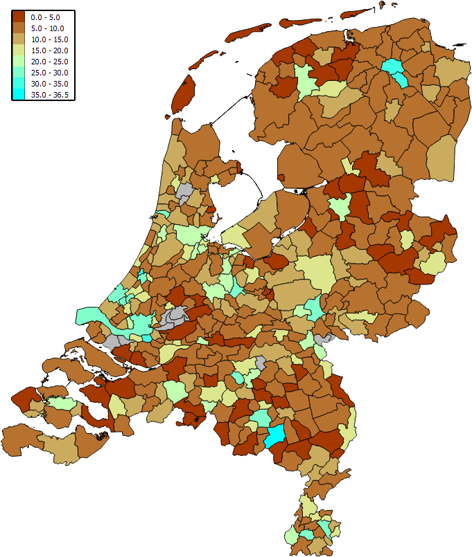 gemiddeld aantal postcodegebieden school, per gemeente